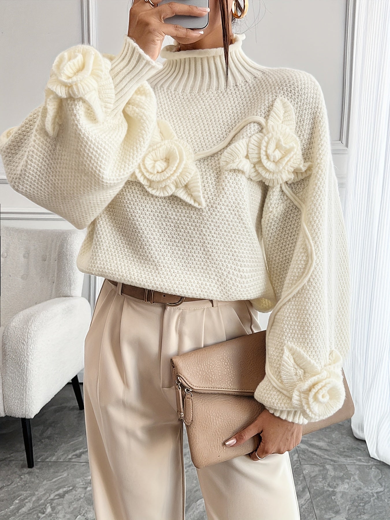 Evoque™ | Elegant Floral High-Neck Sweater