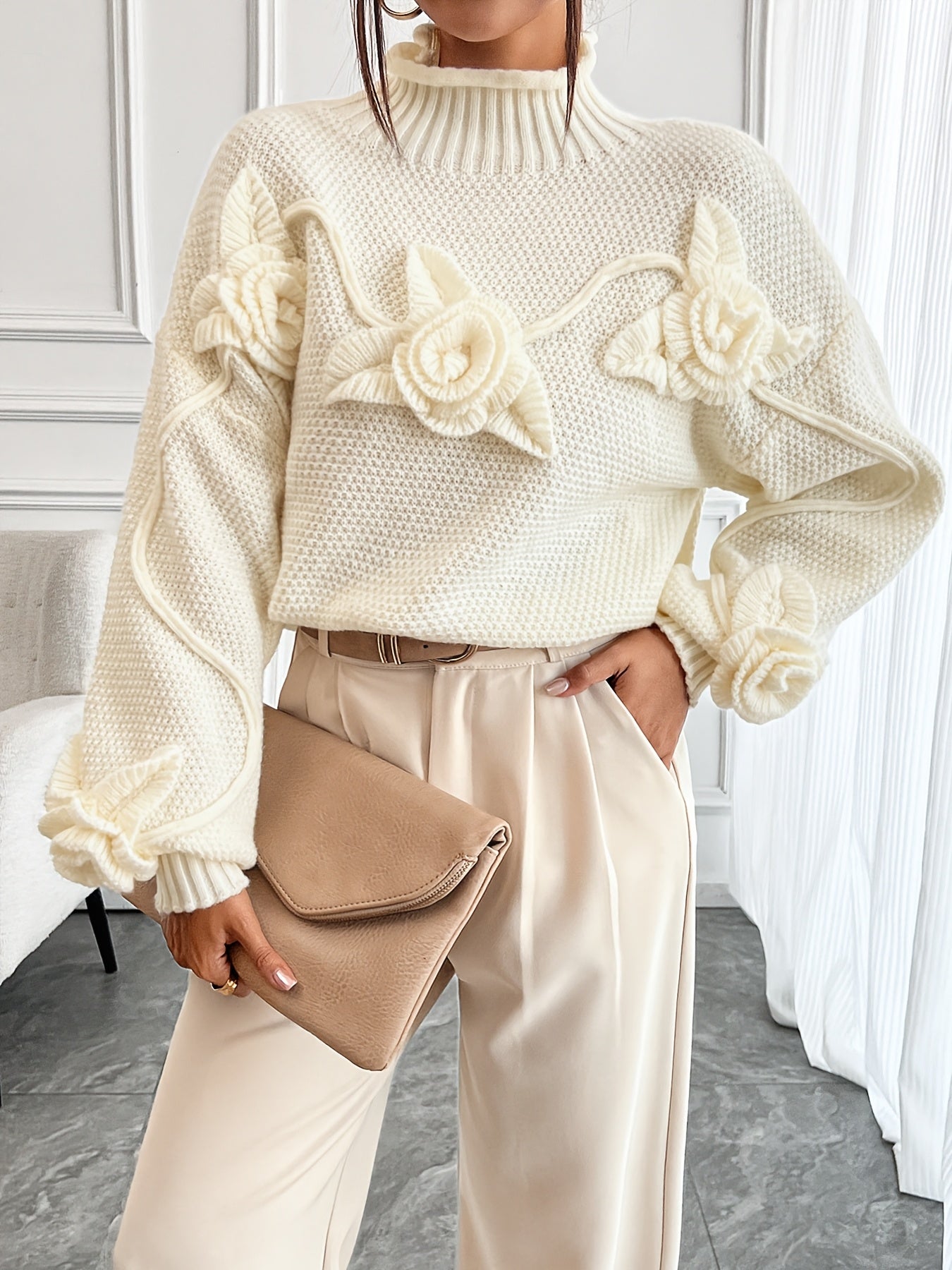 Evoque™ | Elegant Floral High-Neck Sweater