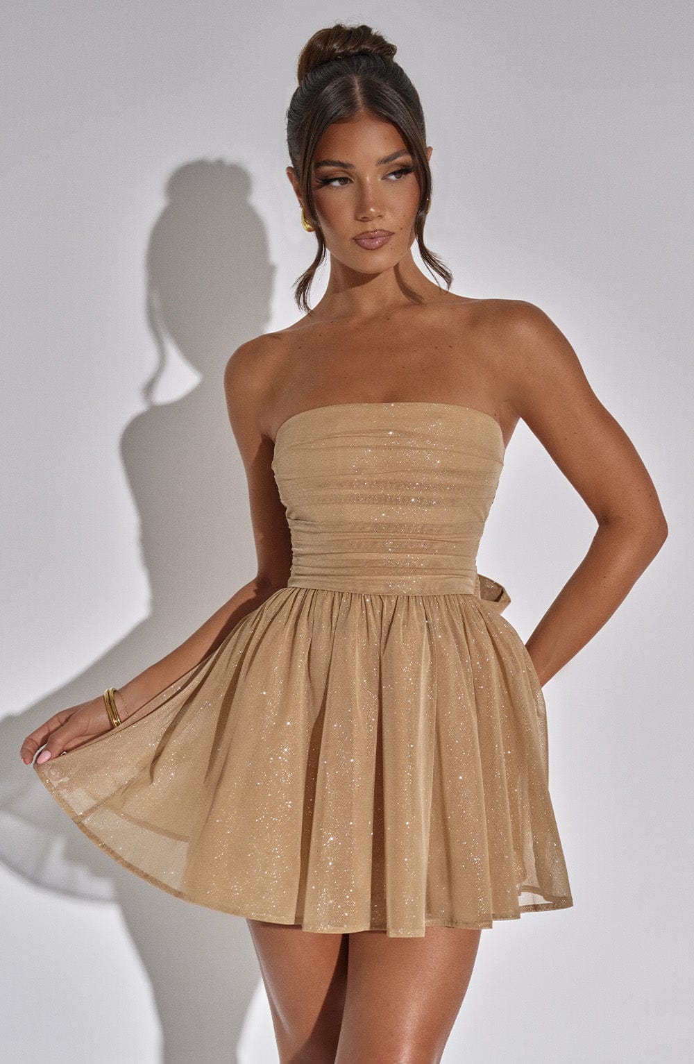 Beyond Chic | Back-Knot Strapless Glitter Mini Dress